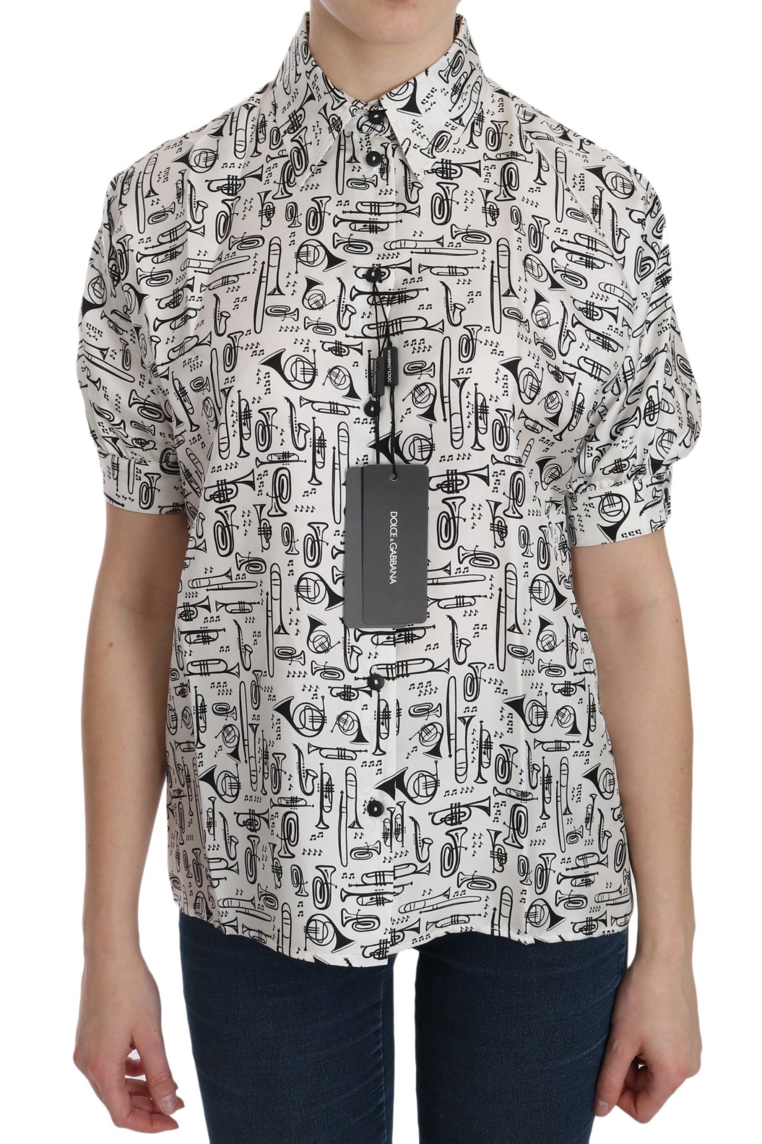 Dolce &amp; Gabbana Musical Instrument Print Silk Collared Top