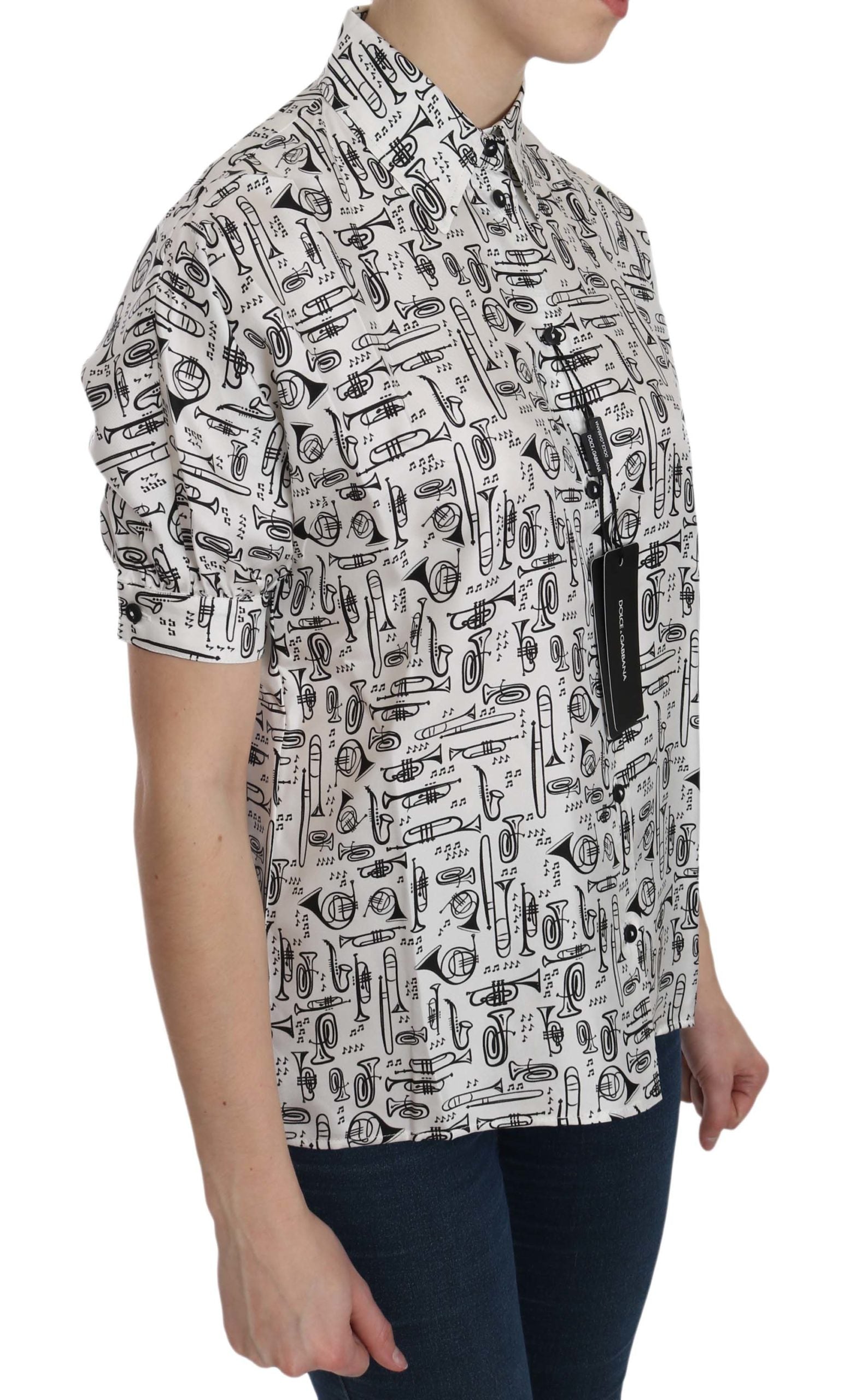 Dolce &amp; Gabbana Musical Instrument Print Silk Collared Top