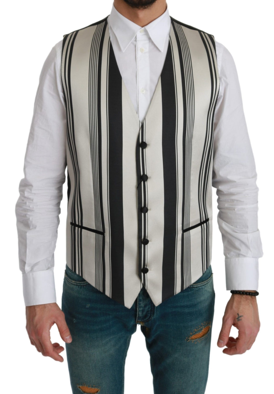 Dolce &amp; Gabbana Stripe Cotton Silk Dress Vest