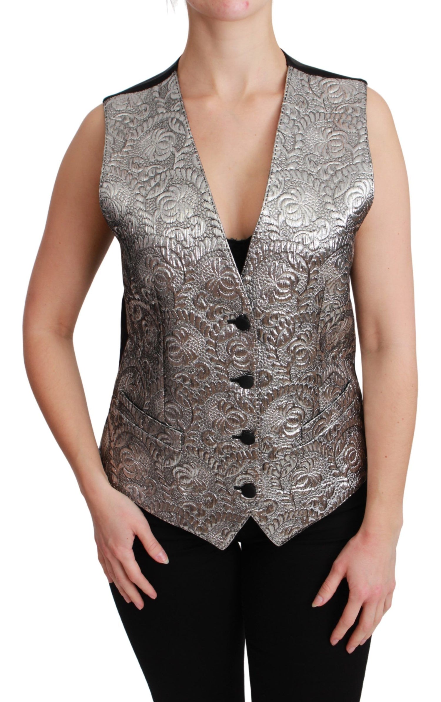 Dolce &amp; Gabbana Elegant Silver Sleeveless Brocade Vest