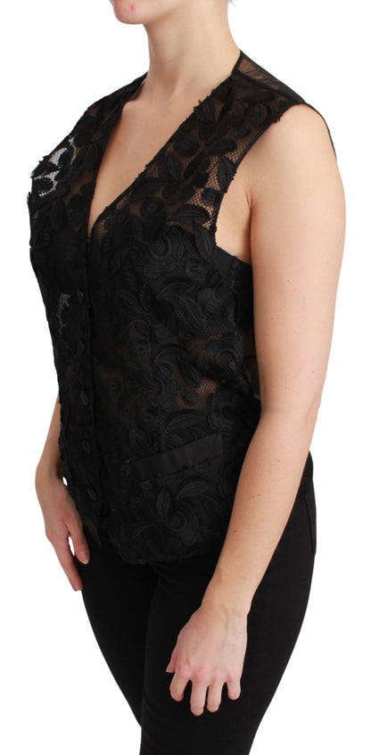 Dolce &amp; Gabbana Elegant Floral Black Silk Blend Vest