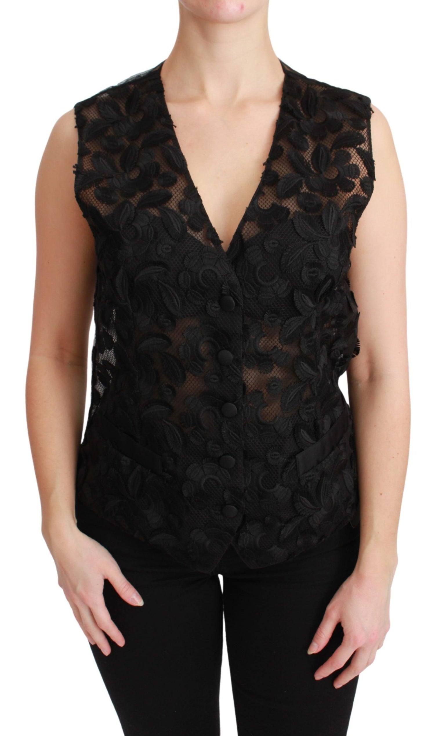 Dolce &amp; Gabbana Elegant Floral Black Silk Blend Vest