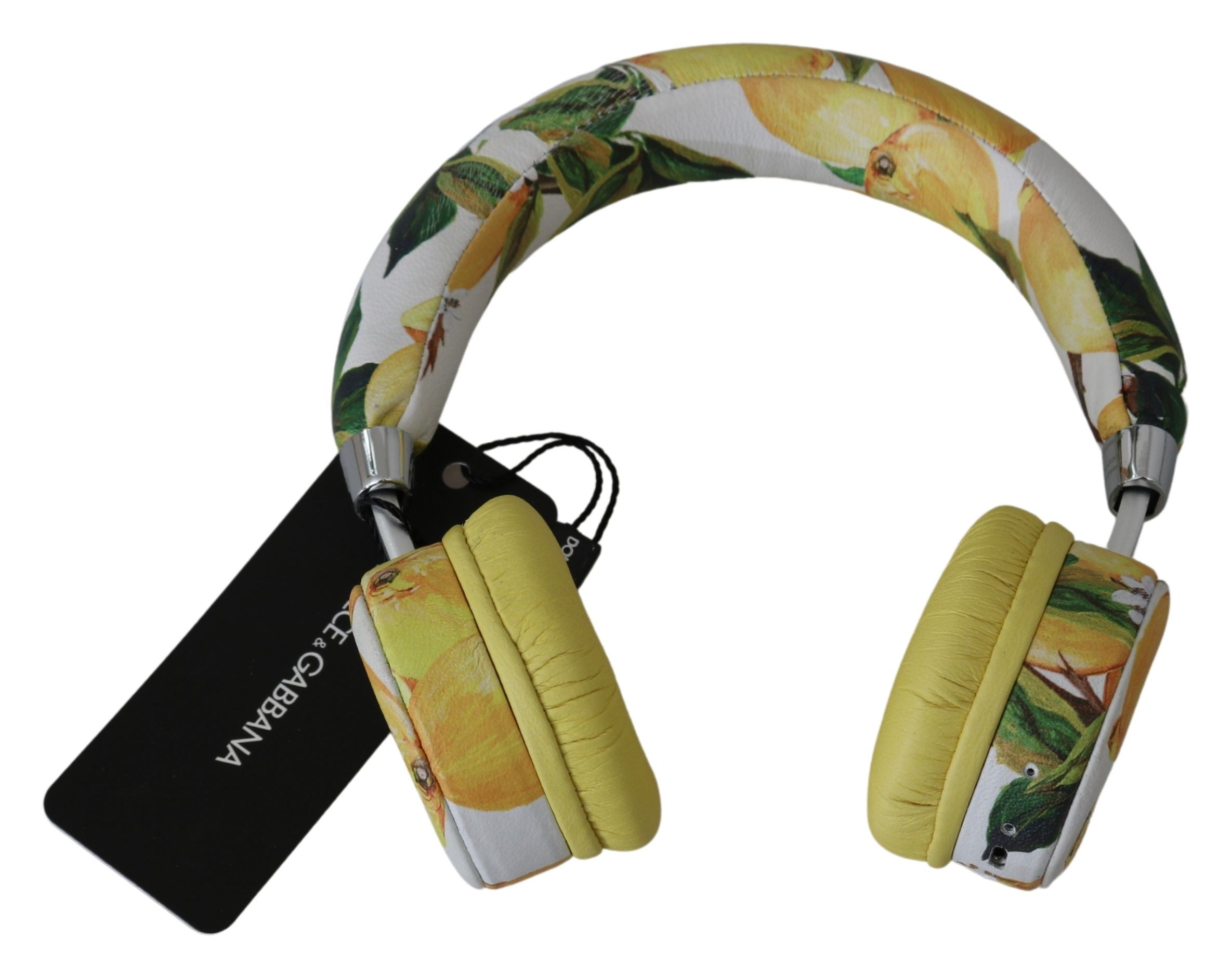 Dolce &amp; Gabbana Chic White Leather Headphones with Yellow Print