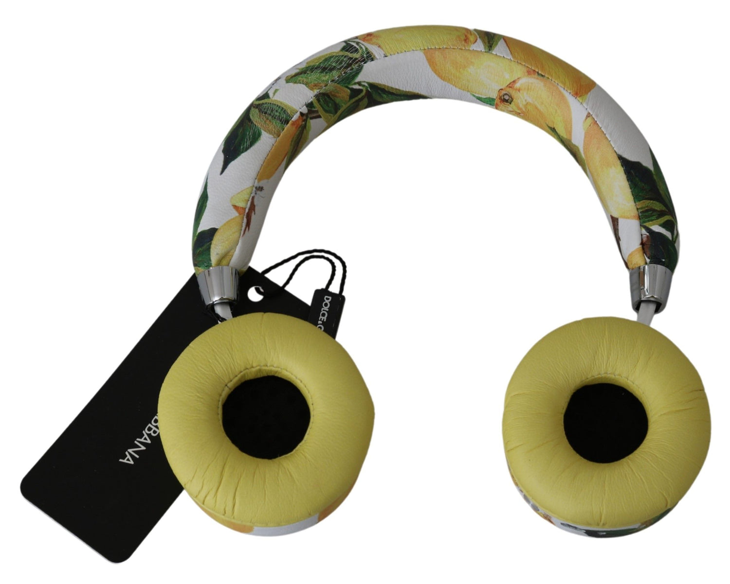 Dolce &amp; Gabbana Chic White Leather Headphones with Yellow Print