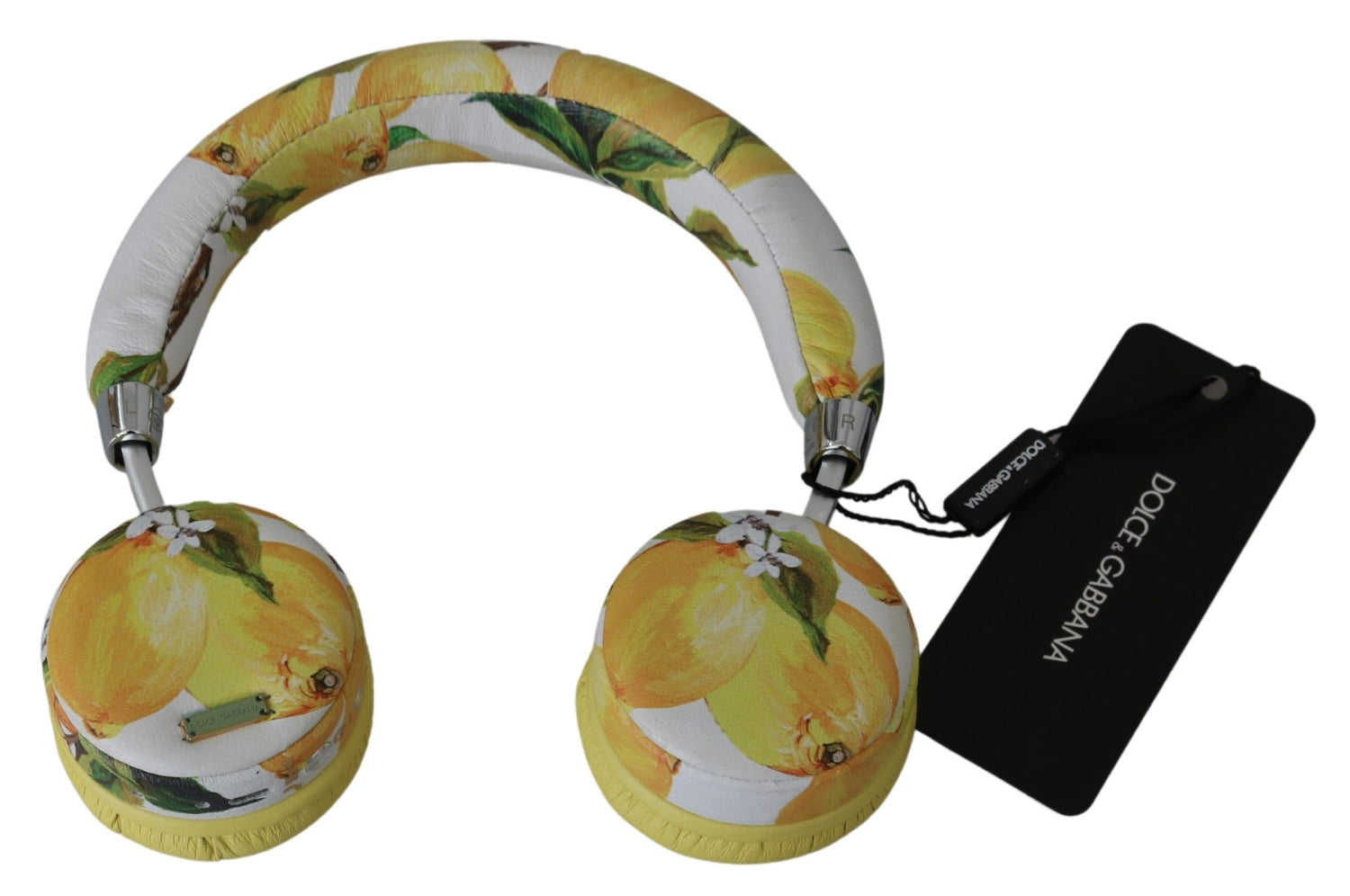 Dolce &amp; Gabbana Chic White Leather Headphones with Yellow Print