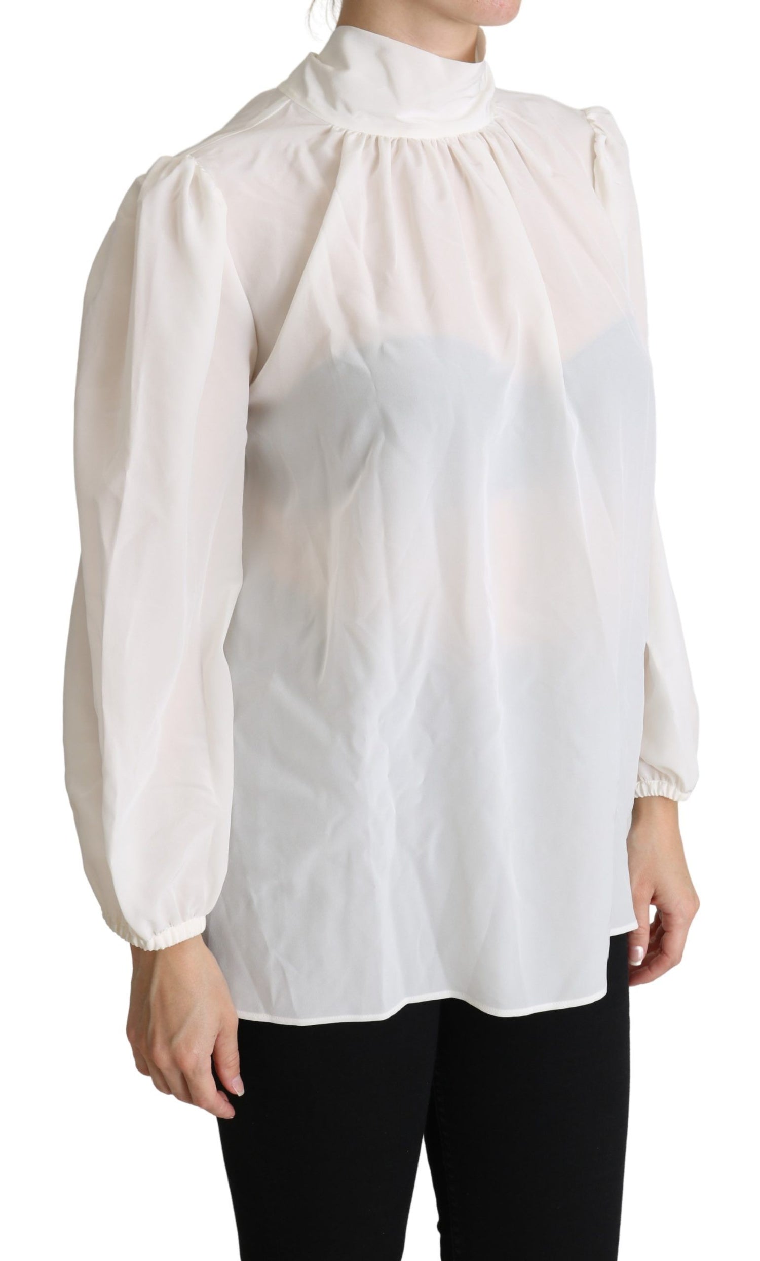 Dolce &amp; Gabbana Elegant White Silk Pussy Bow Blouse