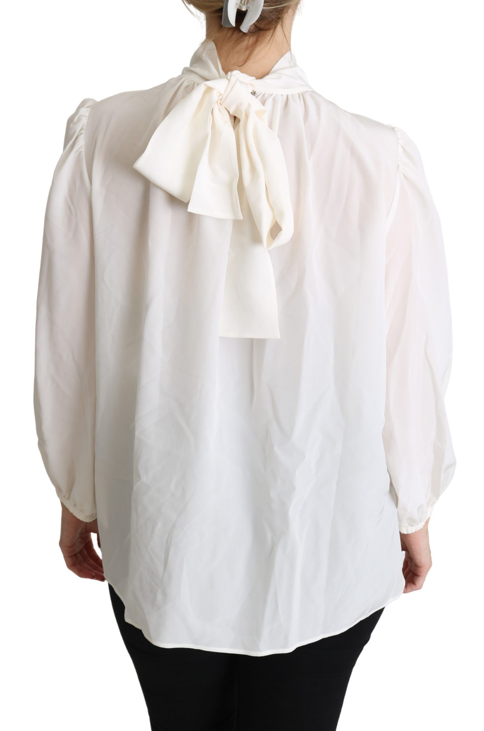 Dolce &amp; Gabbana Elegant White Silk Pussy Bow Blouse