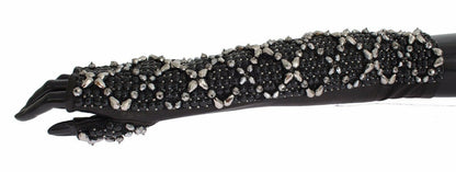 Dolce &amp; Gabbana Elegant Crystal Beaded Leather Gloves