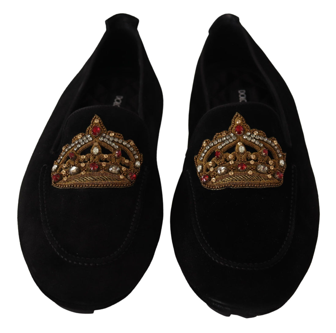 Dolce &amp; Gabbana Elegant Black Leather Loafer Slides with Gold Embroidery