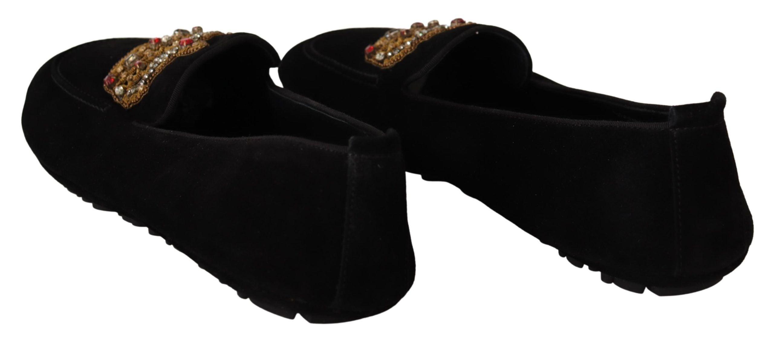 Dolce &amp; Gabbana Elegant Black Leather Loafer Slides with Gold Embroidery