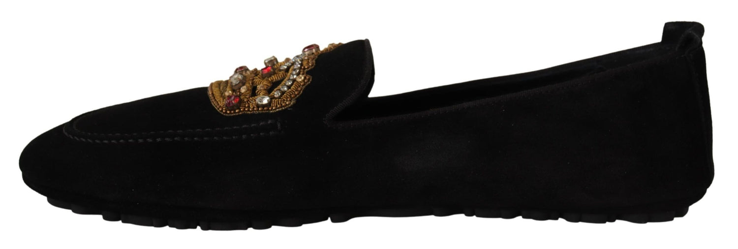 Dolce &amp; Gabbana Elegant Black Leather Loafer Slides with Gold Embroidery