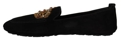 Dolce &amp; Gabbana Elegant Black Leather Loafer Slides with Gold Embroidery