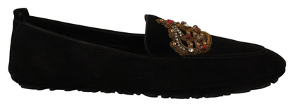 Dolce &amp; Gabbana Elegant Black Leather Loafer Slides with Gold Embroidery