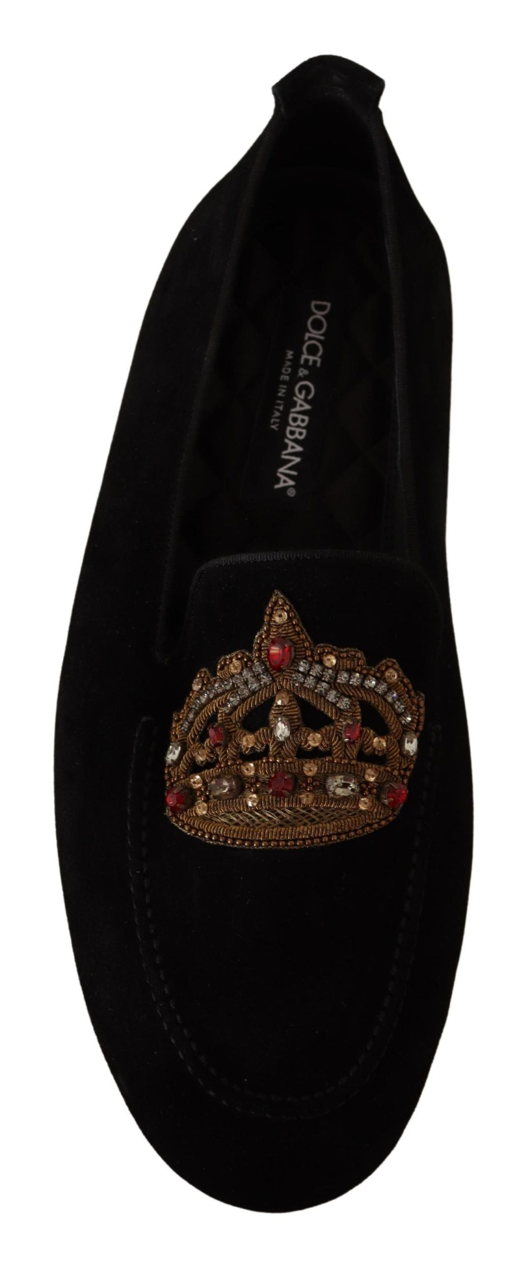 Dolce &amp; Gabbana Elegant Black Leather Loafer Slides with Gold Embroidery