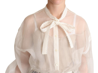 Dolce &amp; Gabbana Elegant White Silk-Cotton Ascot Blouse