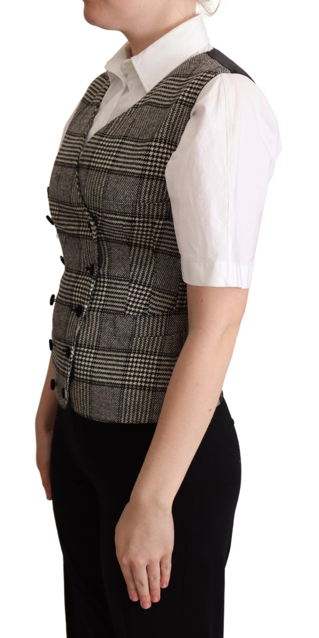 Dolce &amp; Gabbana Elegant Checkered Gray Silk Blend Vest