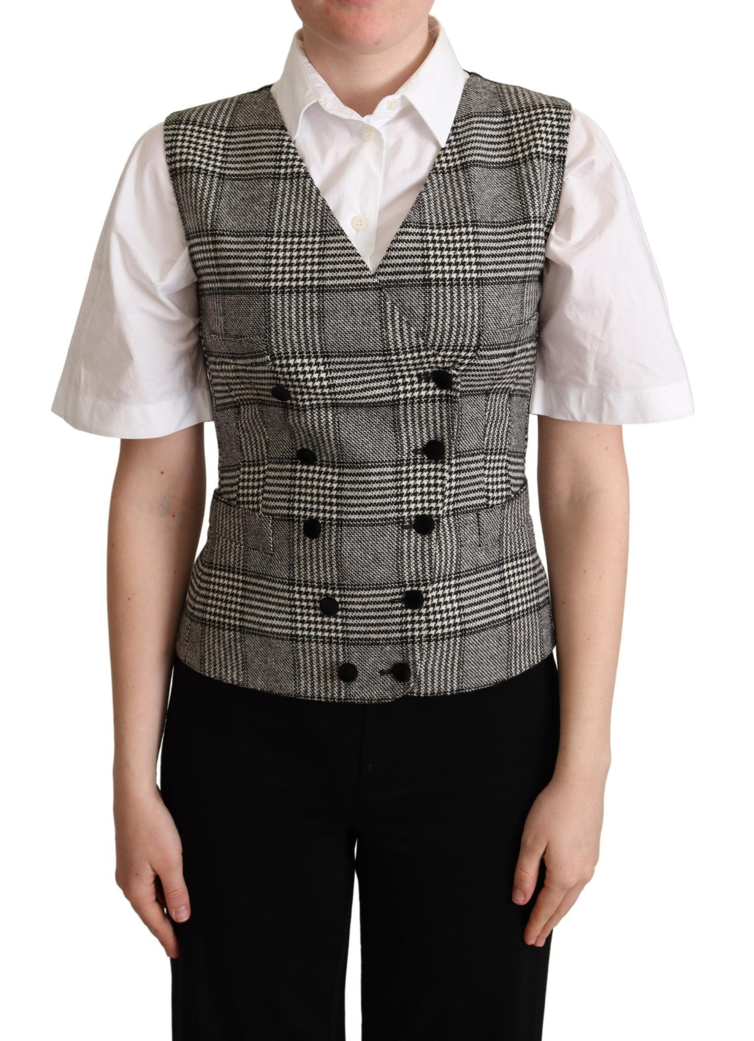 Dolce &amp; Gabbana Elegant Checkered Gray Silk Blend Vest