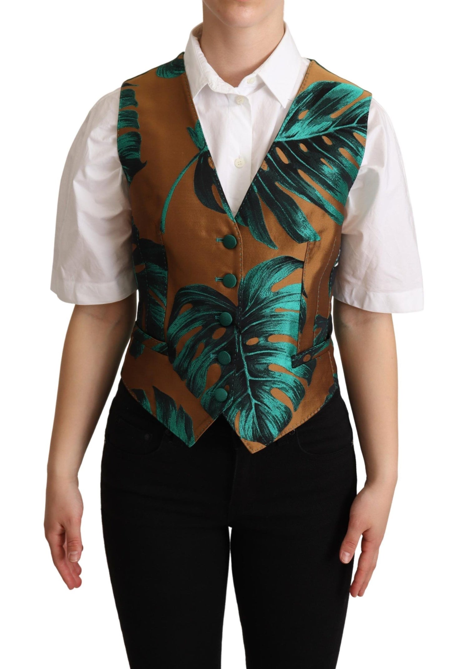 Dolce &amp; Gabbana Elegant Green Leaf Print Waistcoat