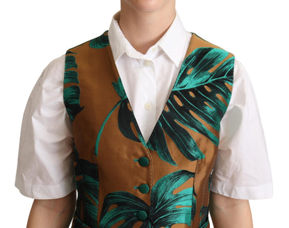 Dolce &amp; Gabbana Elegant Green Leaf Print Waistcoat