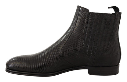 Dolce &amp; Gabbana Elegant Black Leather Lizard Skin Derby Boots