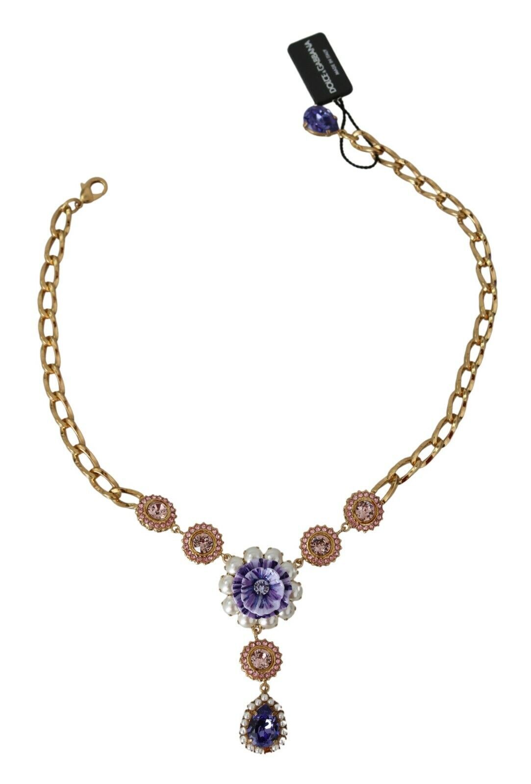 Dolce &amp; Gabbana Elegant Gold Crystal Floral Charm Necklace