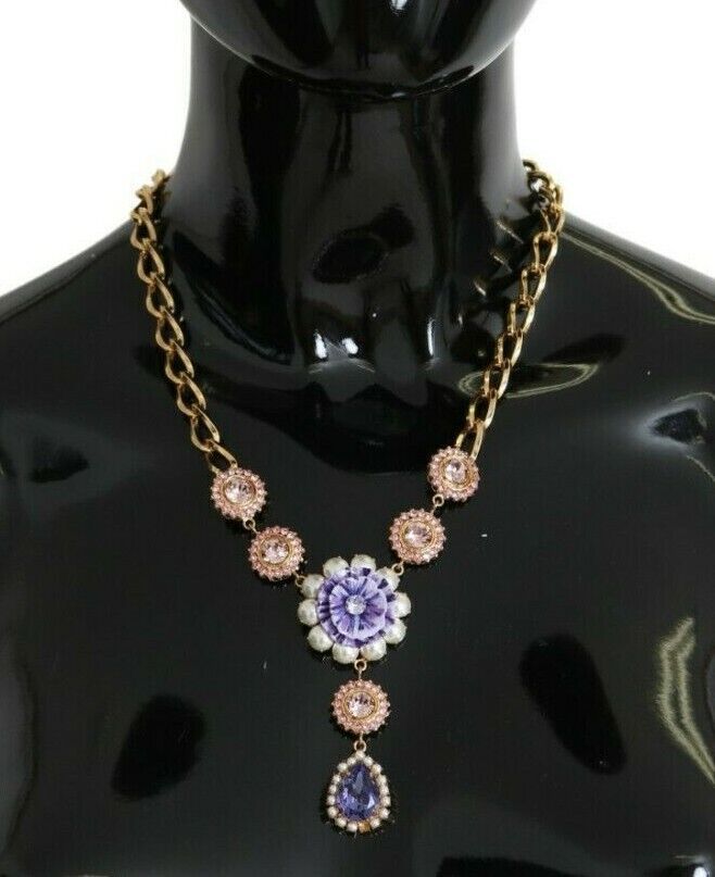 Dolce &amp; Gabbana Elegant Gold Crystal Floral Charm Necklace