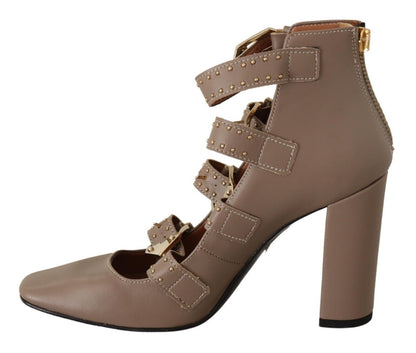 MY TWIN Elegant Leather Multi-Buckle Heels in Brown