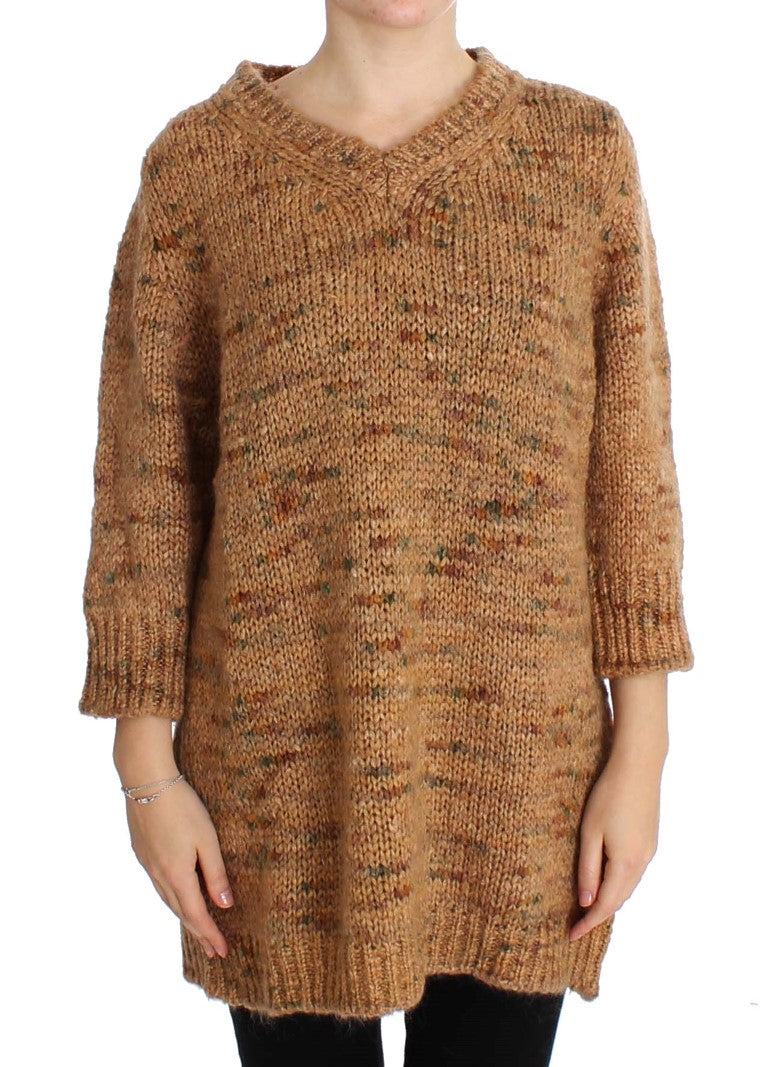 PINK MEMORIES Chic Brown Oversize Knitted V-Neck Sweater