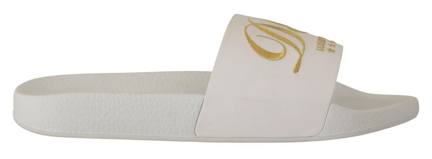 Dolce &amp; Gabbana Chic White Leather Slides with Gold Embroidery