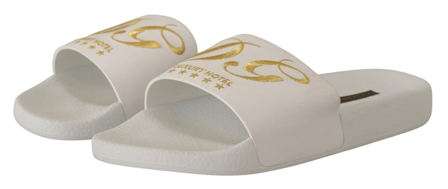 Dolce &amp; Gabbana Chic White Leather Slides with Gold Embroidery