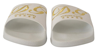 Dolce &amp; Gabbana Chic White Leather Slides with Gold Embroidery