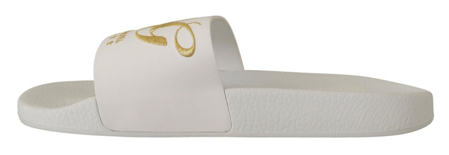 Dolce &amp; Gabbana Chic White Leather Slides with Gold Embroidery