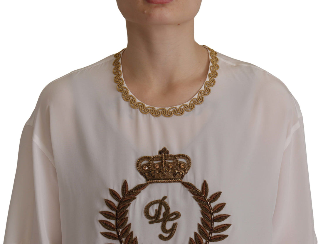 Dolce &amp; Gabbana Elegant Silk Blouse with Gold Crown Embroidery