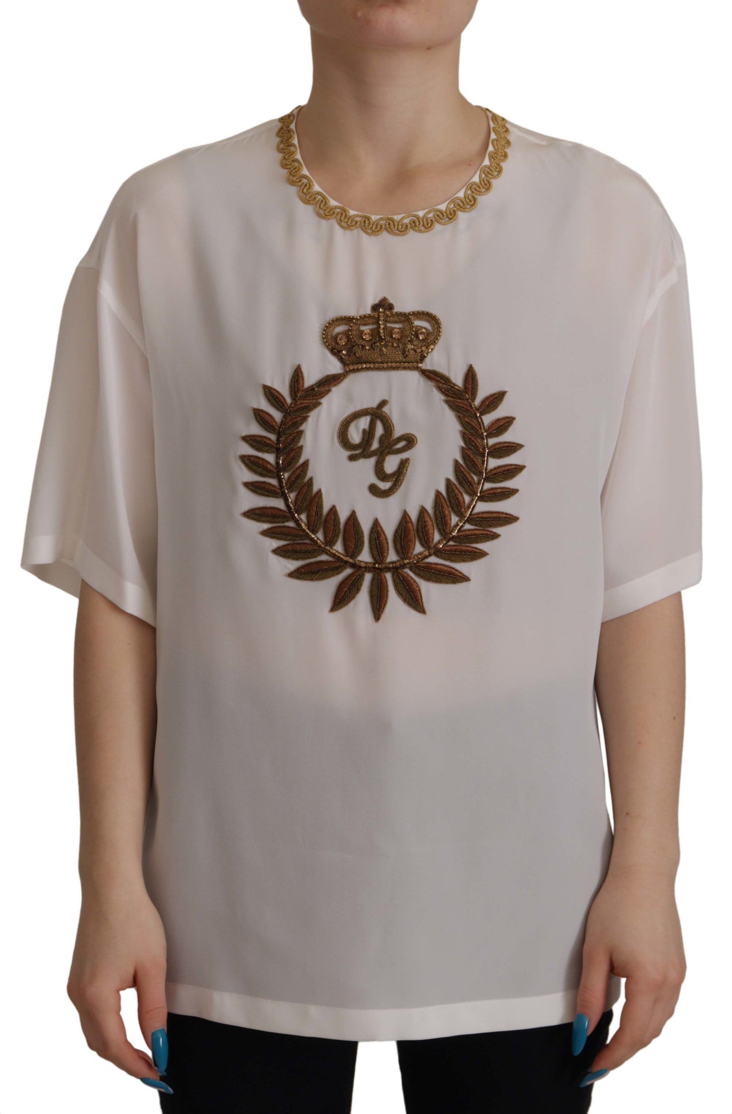 Dolce &amp; Gabbana Elegant Silk Blouse with Gold Crown Embroidery