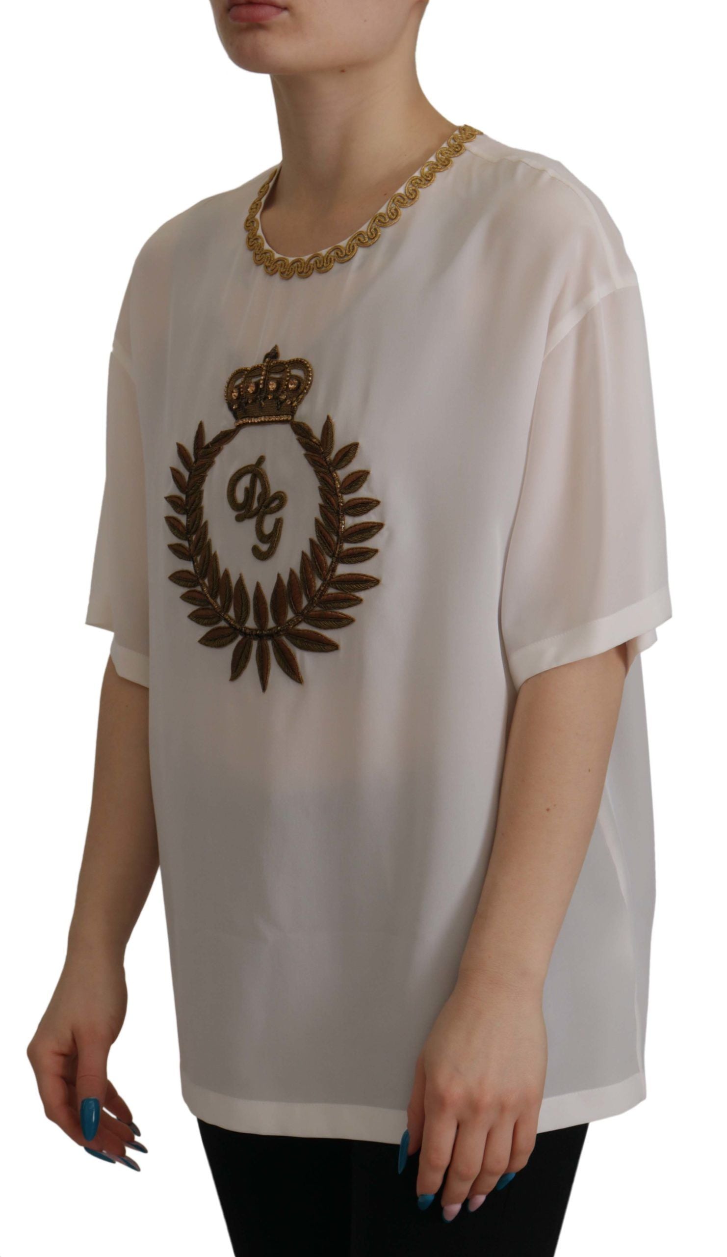 Dolce &amp; Gabbana Elegant Silk Blouse with Gold Crown Embroidery