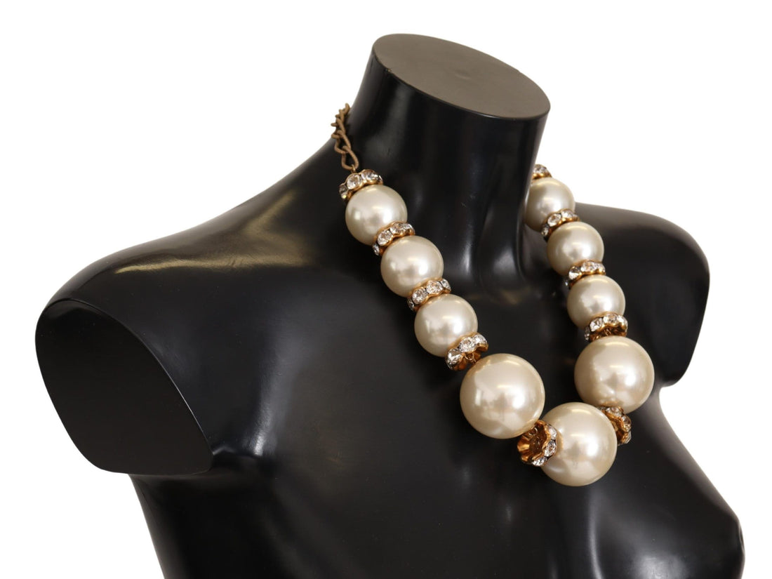 Dolce &amp; Gabbana Elegant Faux Pearl Charm Necklace with Crystal Accents