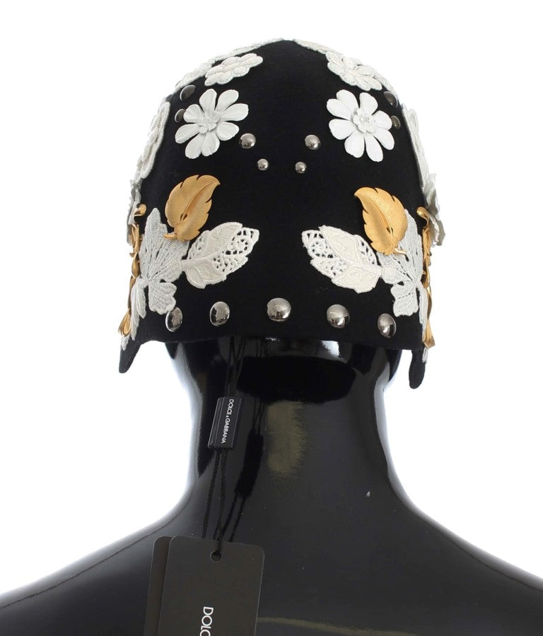 Dolce &amp; Gabbana Elegant Black Floral Wool Cloche Hat