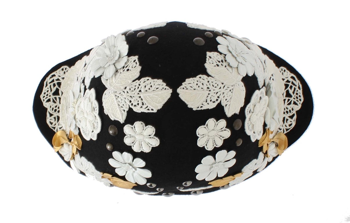 Dolce &amp; Gabbana Elegant Black Floral Wool Cloche Hat