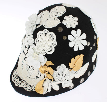 Dolce &amp; Gabbana Elegant Black Floral Wool Cloche Hat