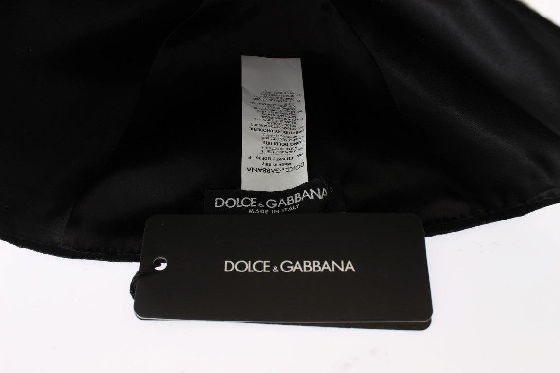 Dolce &amp; Gabbana Elegant Black Floral Wool Cloche Hat