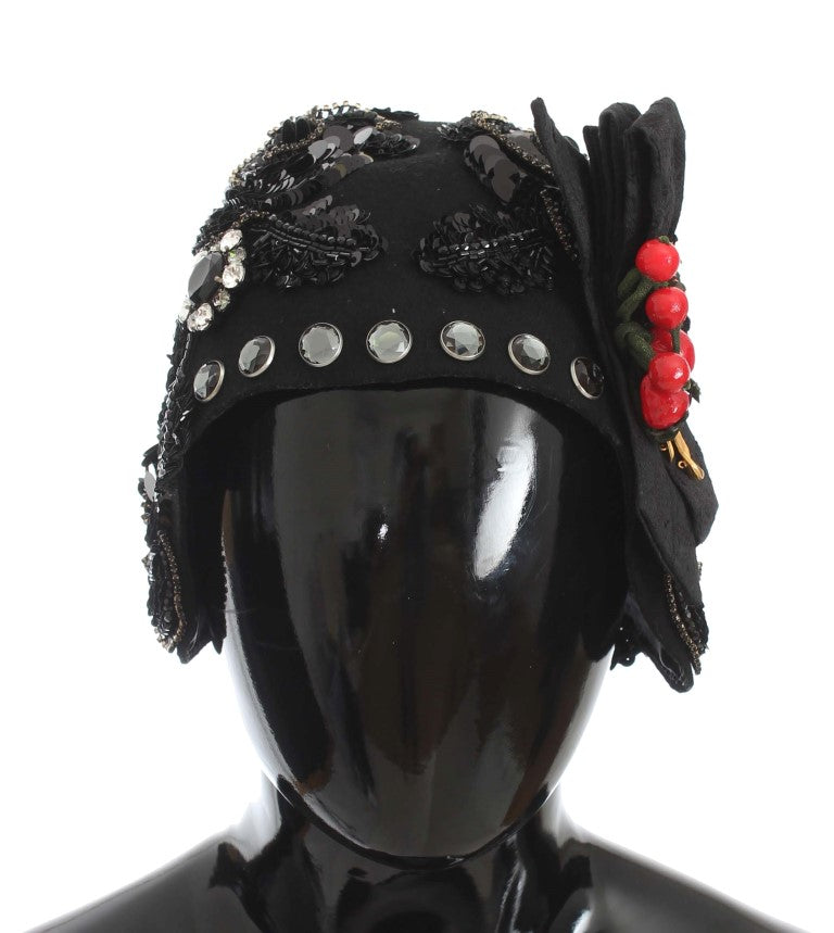 Dolce &amp; Gabbana Elegant Black Crystal-Adorned Cloche Hat