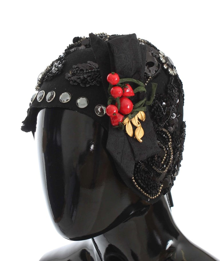 Dolce &amp; Gabbana Elegant Black Crystal-Adorned Cloche Hat