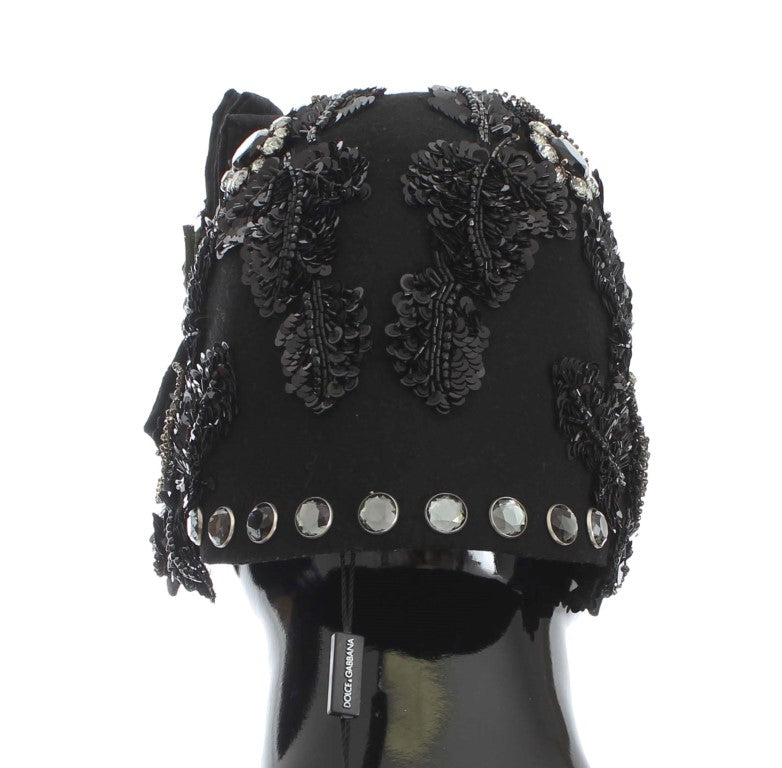 Dolce &amp; Gabbana Elegant Black Crystal-Adorned Cloche Hat