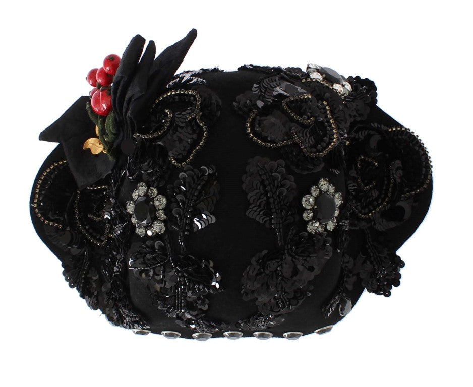 Dolce &amp; Gabbana Elegant Black Crystal-Adorned Cloche Hat