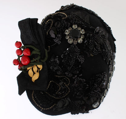 Dolce &amp; Gabbana Elegant Black Crystal-Adorned Cloche Hat