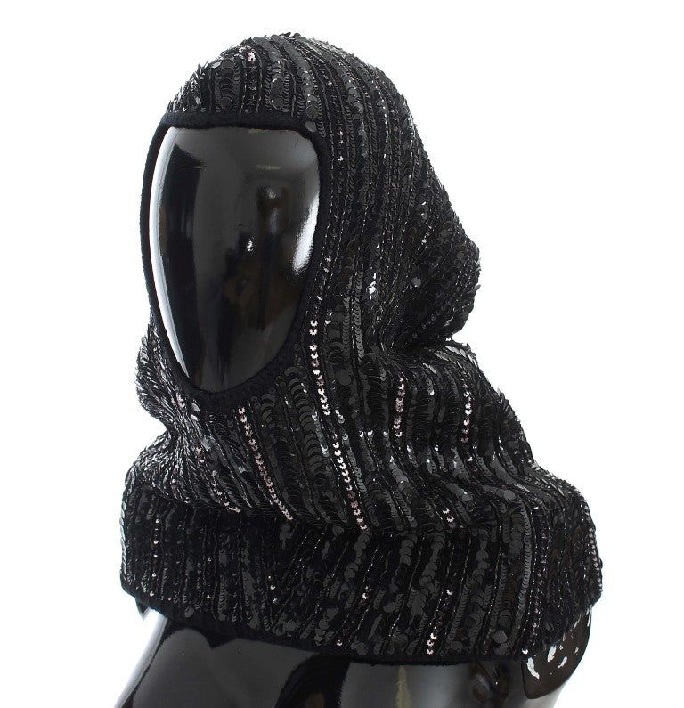 Dolce &amp; Gabbana Elegant Black Sequined Hooded Scarf Wrap