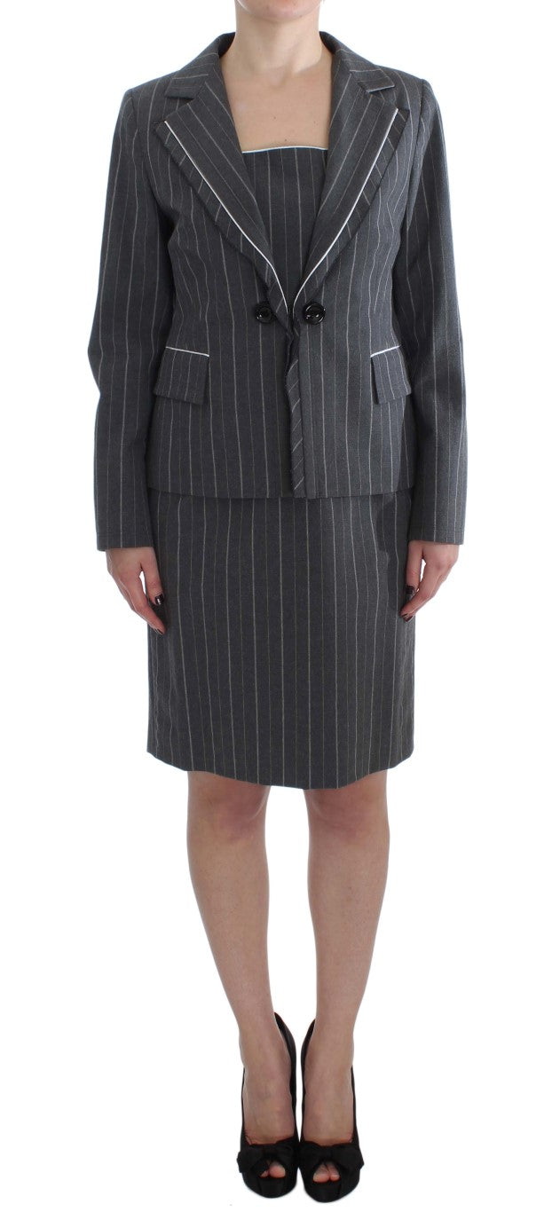 BENCIVENGA Elegant Gray Striped Dress &amp; Blazer Suit Set