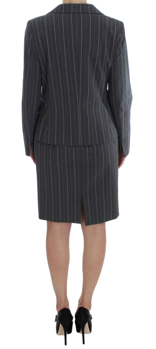 BENCIVENGA Elegant Gray Striped Dress &amp; Blazer Suit Set