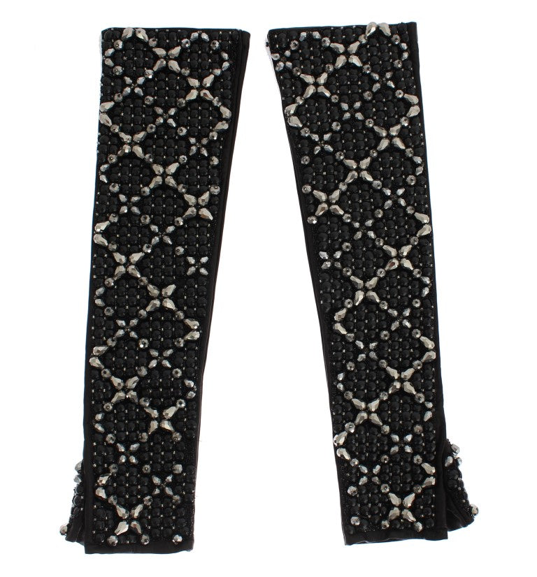 Dolce &amp; Gabbana Elegant Black Crystal Beaded Leather Gloves