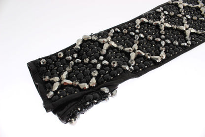 Dolce &amp; Gabbana Elegant Black Crystal Beaded Leather Gloves